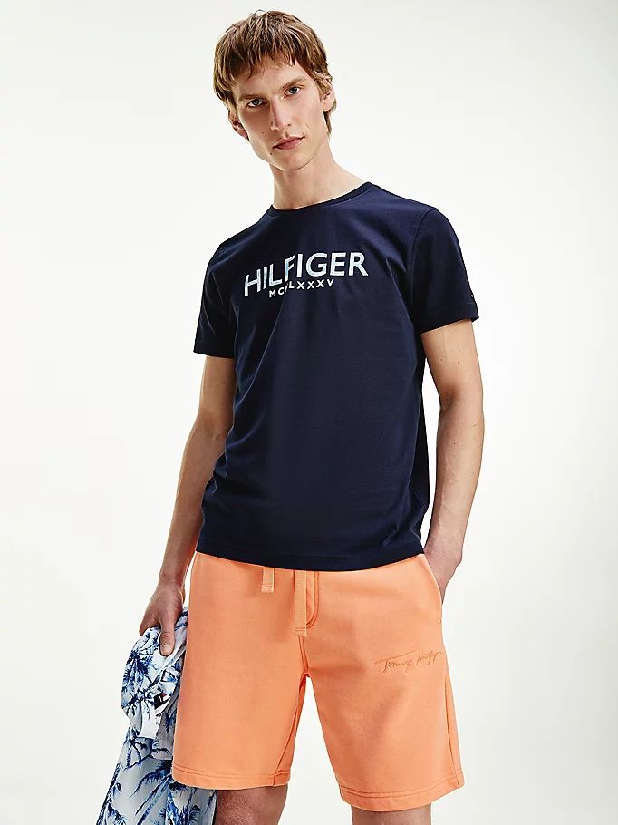 Tommy Hilfiger Palm Print Logo Organic Bomull T-skjorte Herre Blå | CQGTXZ-164