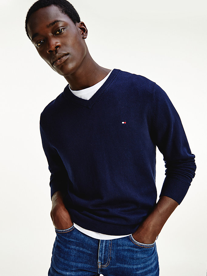 Tommy Hilfiger Pima Bomull Cashmere V-Neck Gensere Herre Blå | WUICVT-193