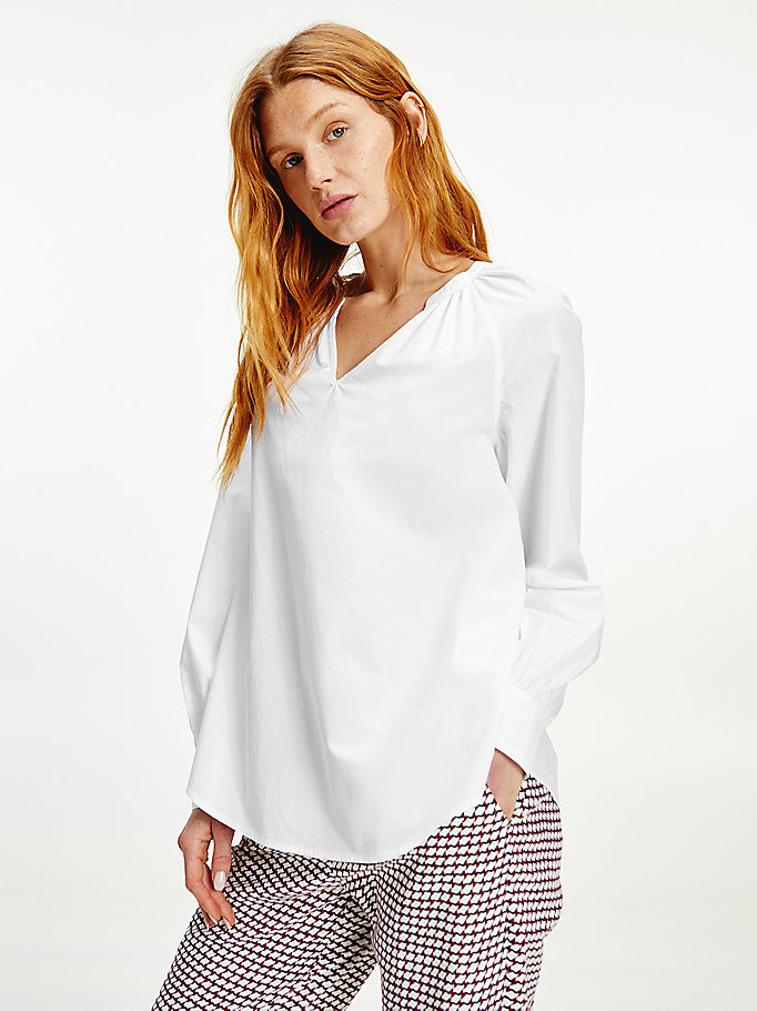 Tommy Hilfiger Poplin V-Neck Relaxed Fit Skjorte Dame Hvite | ELJWOU-029