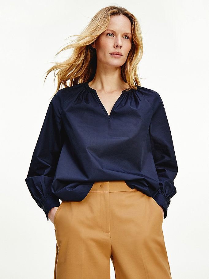 Tommy Hilfiger Poplin V-Neck Relaxed Fit Skjorte Dame Blå | XTMULQ-731