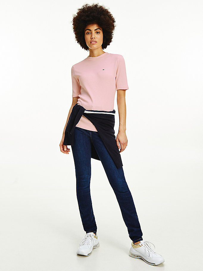 Tommy Hilfiger Ribbed Organic Bomull Mock Neck T-skjorte Dame Rosa | WNDFLH-509