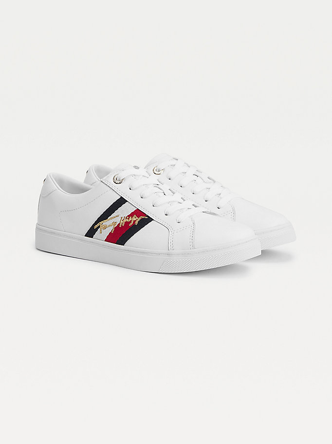 Tommy Hilfiger Signature Cupsole Lær Joggesko Dame Hvite | AIUGZV-896