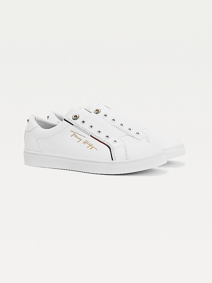 Tommy Hilfiger Signature Logo Lær Joggesko Dame Hvite | LBDRCX-518