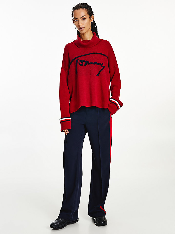 Tommy Hilfiger Signature Logo Roll Neck Gensere Dame Rød | RKPMWL-026