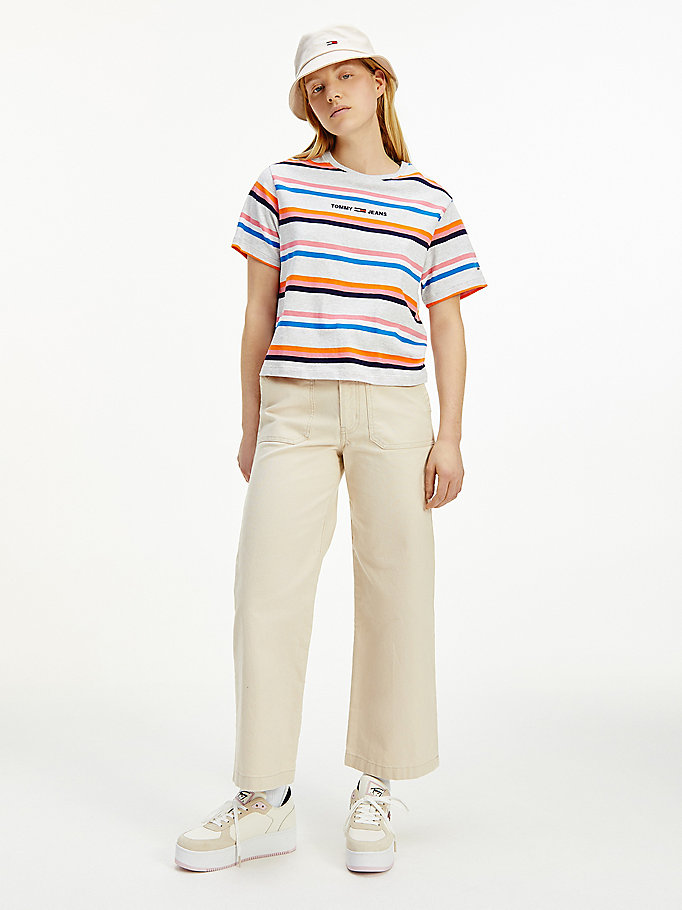 Tommy Hilfiger Stripe Logo Boxy Cropped T-skjorte Dame Grå | FWGTAV-902