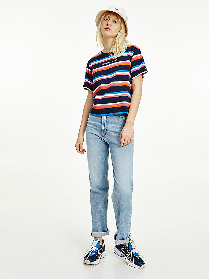 Tommy Hilfiger Stripe Logo Boxy Cropped T-skjorte Dame Blå | XKRZBH-640