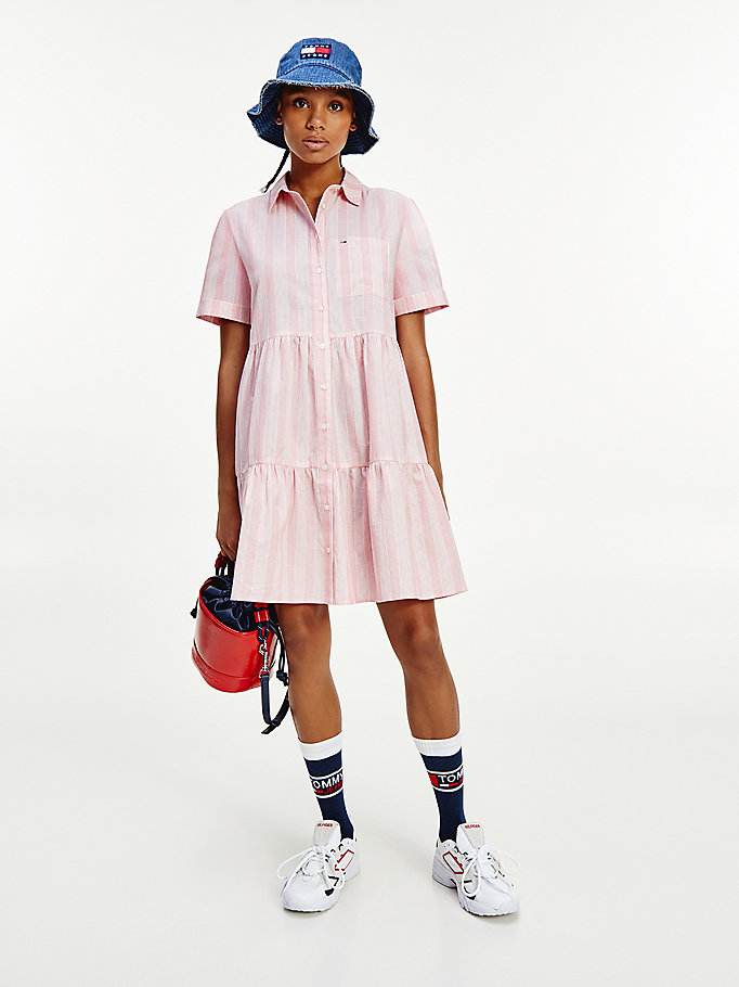 Tommy Hilfiger Stripe Tiered Kjoler Dame Rosa | ISQMBO-638