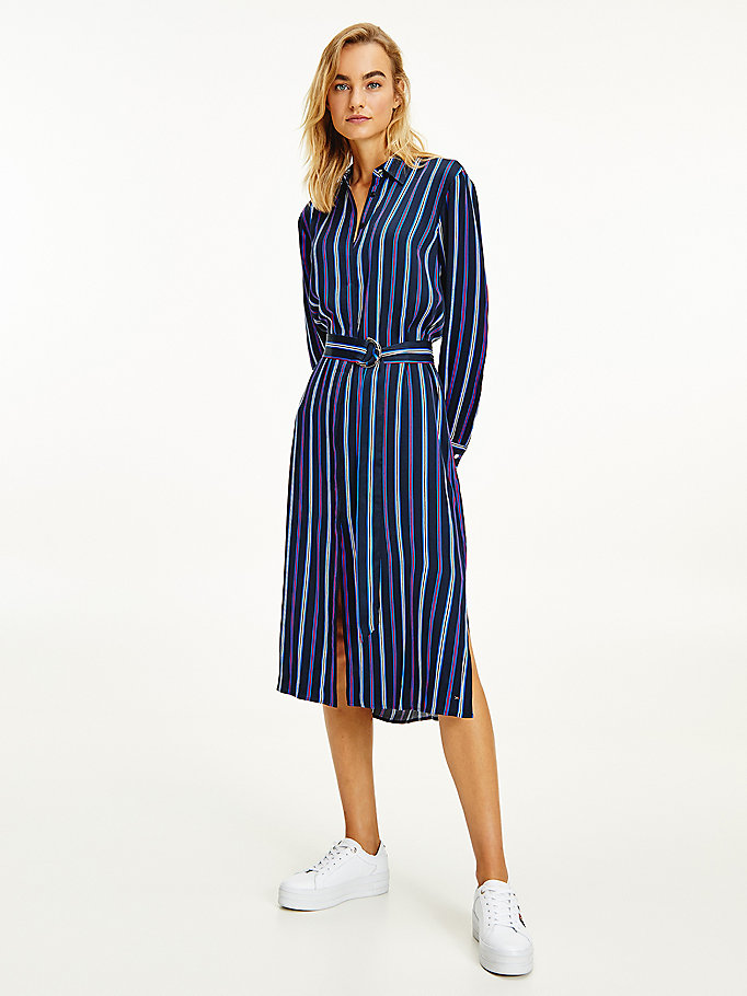 Tommy Hilfiger Stripe Viscose Sateen Midi Kjoler Dame Blå | YBJONI-052