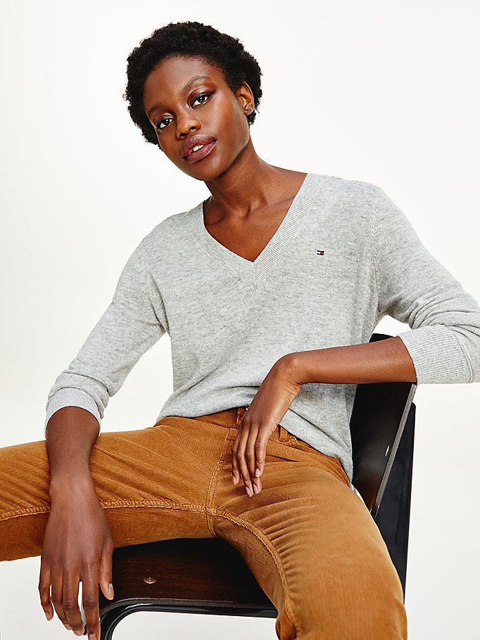 Tommy Hilfiger Wool Cashmere V-Neck Gensere Dame Grå | RYHGTU-743